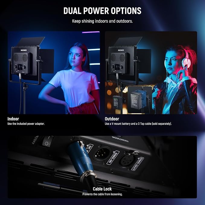 NEEWER 2 Pack PL60C RGB LED Panel Video Light Kit with 6.6ft/2m Spring Cushioned Tripod Stands/Bag, APP/2.4G/DMX Control, 60W 2500-10000K Pro Photography Studio Recording Streaming Key Lighting - Image 7