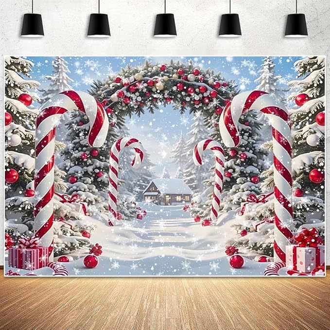 Winter Christmas Cane Candy Photography Backdrop 15x10ft Xmas Snow Scene Christmas Tree Background New Year Eve Party Decorations Banner Winter Holiday Photo Studio Props Vinyl - Image 6
