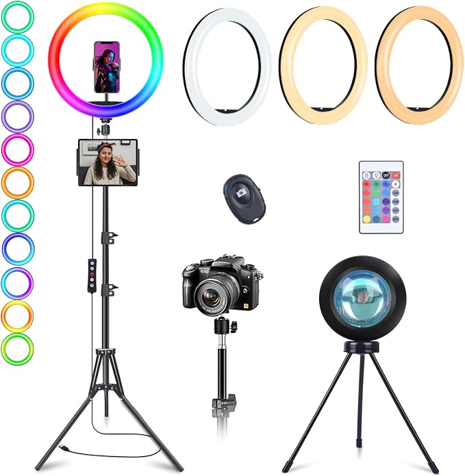 13" Ring Light with 76" Tripod Stand/Sunset Lamp/Phone &iPad Holder-53 RGB | Circle Halo Light with Desk Tripod & Wireless Remote, Dimmable LED Ringlight with Stand for Makeup/Live Stream/Photo/TikTok by wiskey