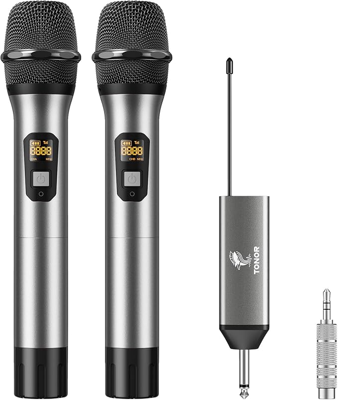 TONOR Wireless Microphone, 2 * 15 Channel Dual UHF Metal Cordless Handheld Mic System with Rechargeable Receiver, for Karaoke, Singing, Party, Wedding, DJ, Speech, 200ft, Silver, 2Mics by TONOR
