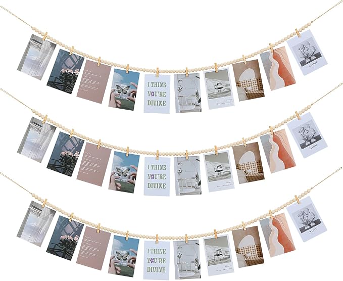 KLOGTSIND Hanging Photo Display with Clips, 3PCS Wood Bead Garland Banner | Photo String Banner with 10 Clips for Bedroom Room Dorm Cubicle, Picture Cards Artwork Display, Christmas Teen Girls Gifts by KLOGTSINDDirect