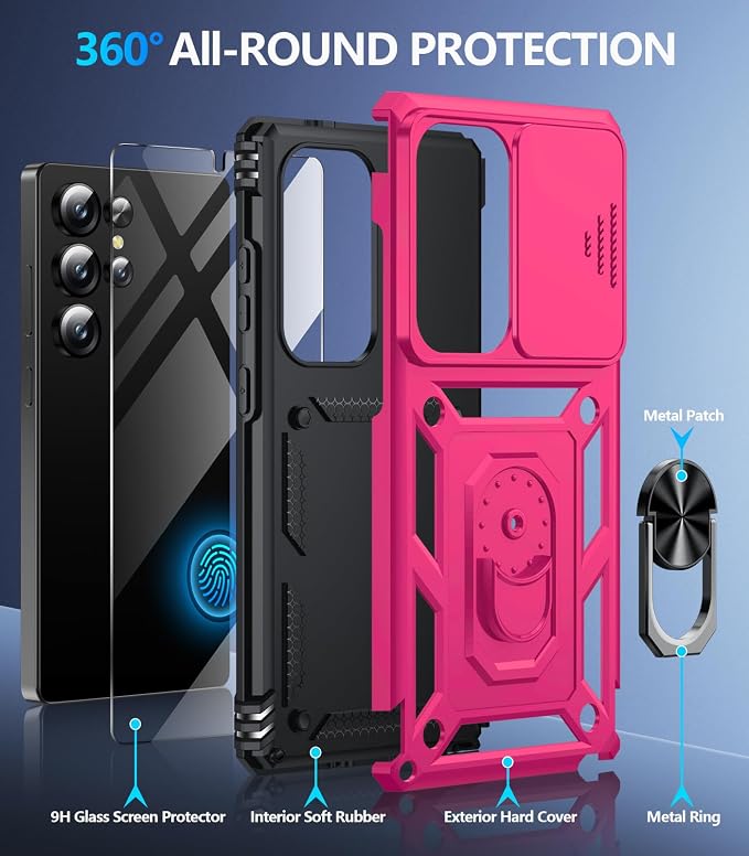 Taisairu for Samsung Galaxy S26 Ultra Case with Screen Protector & Slide Camera Lens Cover, Built-in Magnetic Ring Stand Shockproof Protective Phone Case for Samsung S26 Ultra Case (Hot Pink) - Image 2