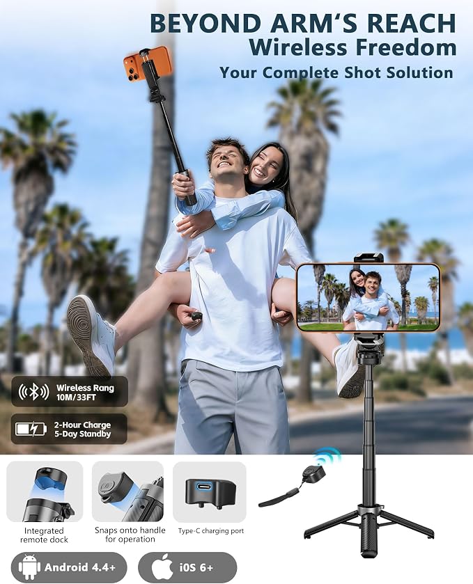 Pocket Phone Tripod, 3-in-1 Portable Selfie Stick Tripod with Remote, 360° Rotation Cell Phone Tripod Stand, Extendable Mini Tripod for iPhone Android Phones (Clip Mount) - Image 8