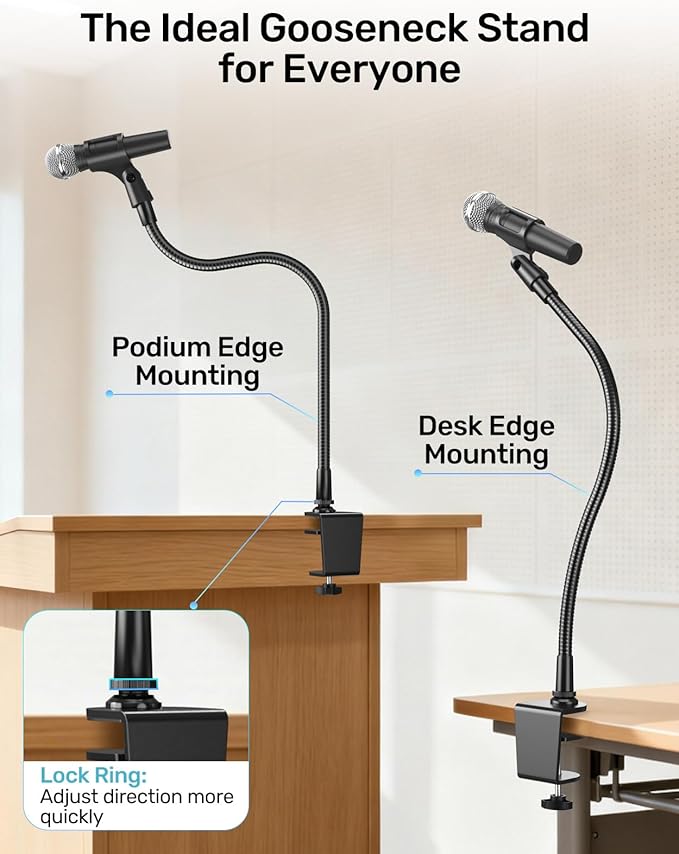 19" Gooseneck Microphone Stand for Desk, Clamp-On Arm with Heavy-Duty Clamp | 5/8-to-3/8 & 1/4 Adapters, Black Steel, Sturdy Clip, Easy Clamp-On Mount, for Podcast, Pulpit, Podium, Studio, Broadcasting - Image 2