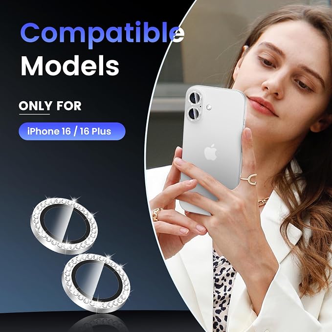 Tensea for iPhone 16/16 Plus Camera Lens Protector Bling, Camera Cover | 9H Tempered Glass Camera Screen Protector, Metal Individual Ring for iPhone16 6.1inch/ 16Plus 6.7inch, HD Clear, Easy Install - Image 2