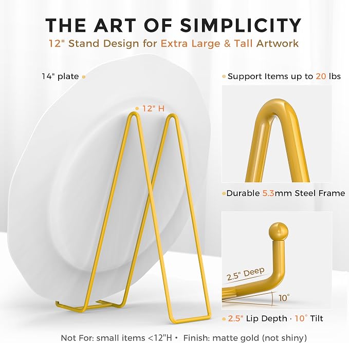 TR-LIFE 12 Inch Large Plate Stands/holder for Display - Metal Picture Frame Holder Stand + Small Easels for Platter, Book, Plaques, Photo, Tabletop Art (Gold 2 Pack) - Image 2