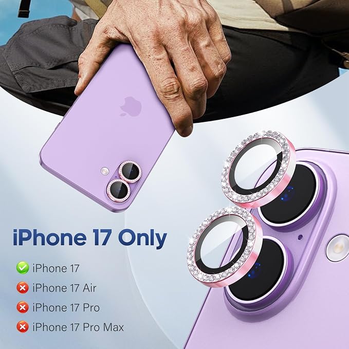 for iPhone 17 Camera Lens Protector Cover Bling Diamond, Pink | Individual Metal, 9H Hardness, Scratch Resistant, Shockproof, Drop Protection, Case Friendly, Stylish Accessories - Image 2