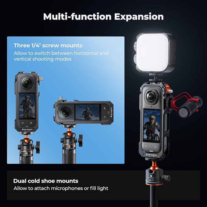 K&F CONCEPT Camera Cage with Silicone Lens Cover for Insta360 X5 | Aluminum Alloy Protective Case Frame with 2 Cold Shoe Mounts for Microphone and Led Video Light Built-in 1/4" Screw Hole CI01 - Image 3