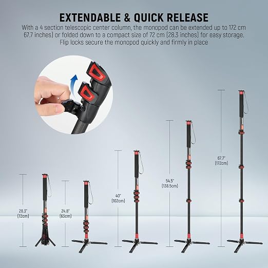 NEEWER 67.7" Camera Monopod Stand, Lightweight Carbon Fiber Travel Tripod with Detachable Base for DSLR Camcorder Video Recording, Telescopic Selfie Stick Trekking Pole, Max Load 13.2lb, TP71 - Image 4