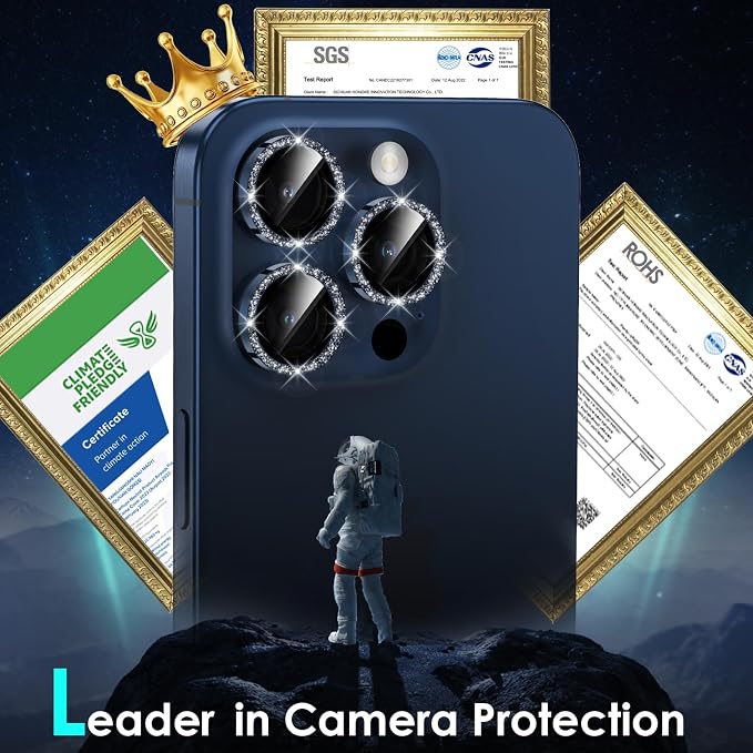 YWXTW Designed for iPhone 15 Pro/iPhone 15 Pro Max Camera Lens Protector Bling, [New Glitter Design] Individual Metal Tempered Glass Camera Cover Accessories Case Friendly (Blue Titanium Glitter) - Image 2