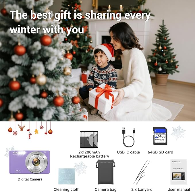 Digital Camera, FHD 4K Digital Camera for Kids Purple with 64GB SD Card 16X Digital Zoom, Cameras for Photography Compact Point and Shoot Camera for Teen Boys Girls Kids Autofocus Camera Digital - Image 9
