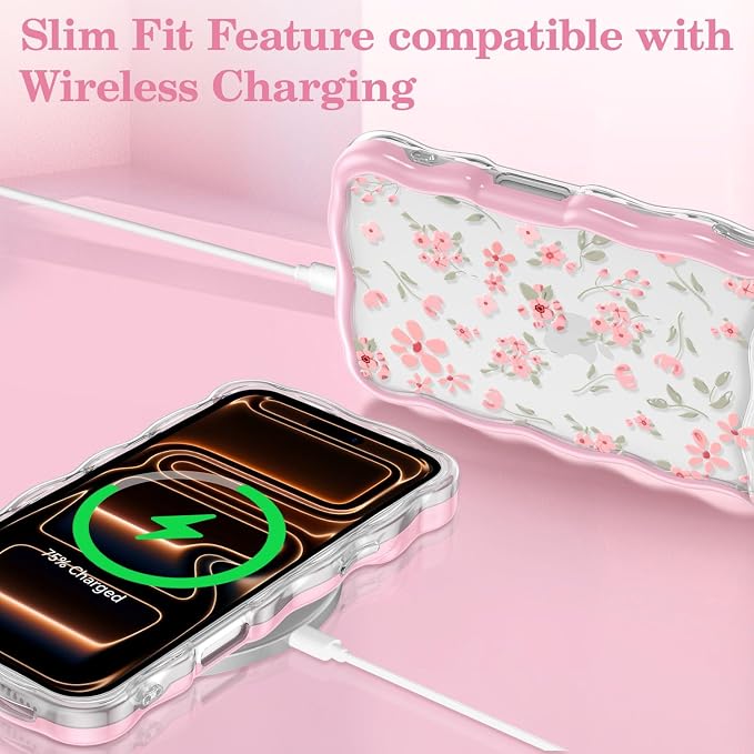 QLTYPRI for iPhone 17 Pro Pink Flower Case, Clear Cute Pink Floral Flower Phone Case Curly Wavy Aesthetic Phone Cover, Soft Slim Transparent TPU Shockproof Protective Cover for Women Girls - Pink - Image 5
