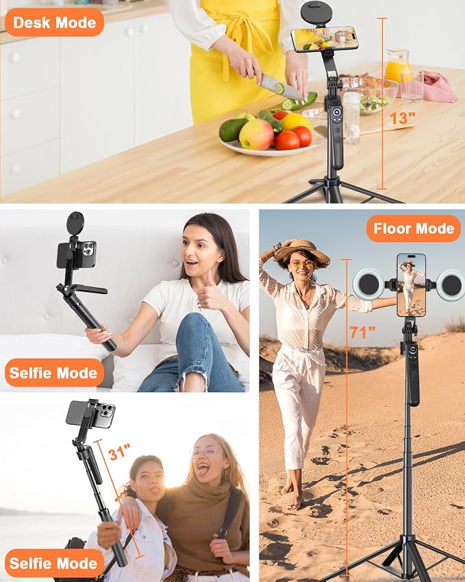 Yeaki 71” Auto Face Tracking Tripod for iPhone with Light,360° Rotating Phone Stand with Rechargeable Remote Control for TikTok Vlog Video Recording, Phone Tripod for Android Camera/GoPro/Ring Light - Image 6