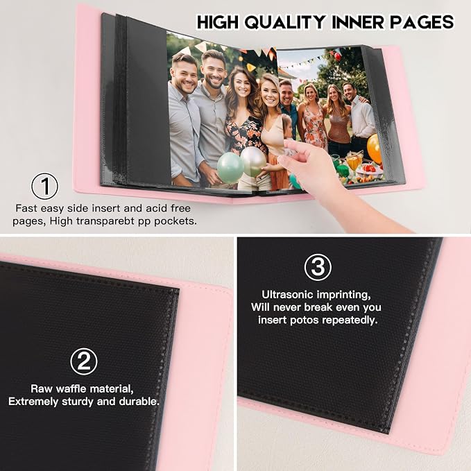 Aevdor 8x10 Photo Album, 168 Photos, Leather Cover, Pink | Large Capacity, Side-Loading Clear Pockets, Vertical 8x10 Layout, Black Inner Pages, Wedding, Travel, Baby & Family Memories - Image 5