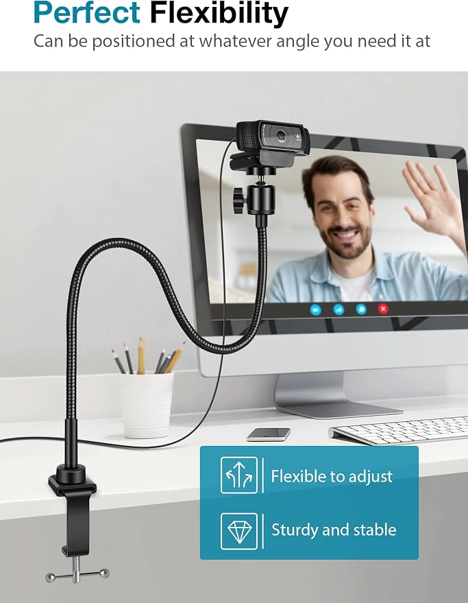 InnoGear Webcam Stand Gooseneck Camera Arm Stands Desk Mount Phone Holder | for Logitech Webcam BRIO 4K C960 C920 C920S C922 C922x C925e C930 C930e C615 NexiGo N60, Quick Setup, Eye Level Positioning - Image 4