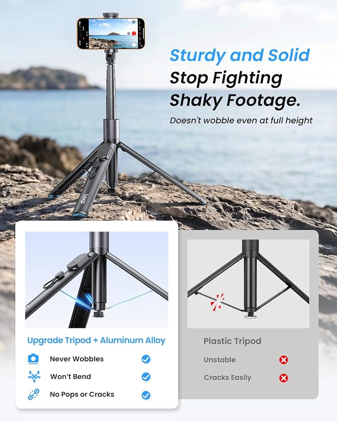 LOXP 67'' Phone Tripod with Remote, 0.01s Auto-Open for Content Creator | Selfie Stick for iPhone/ Android, Portable iPhone Tripod with Cold Shoe/ 1/4" Adapter for Travel, Vlog, Live, Golf, Video - Image 3