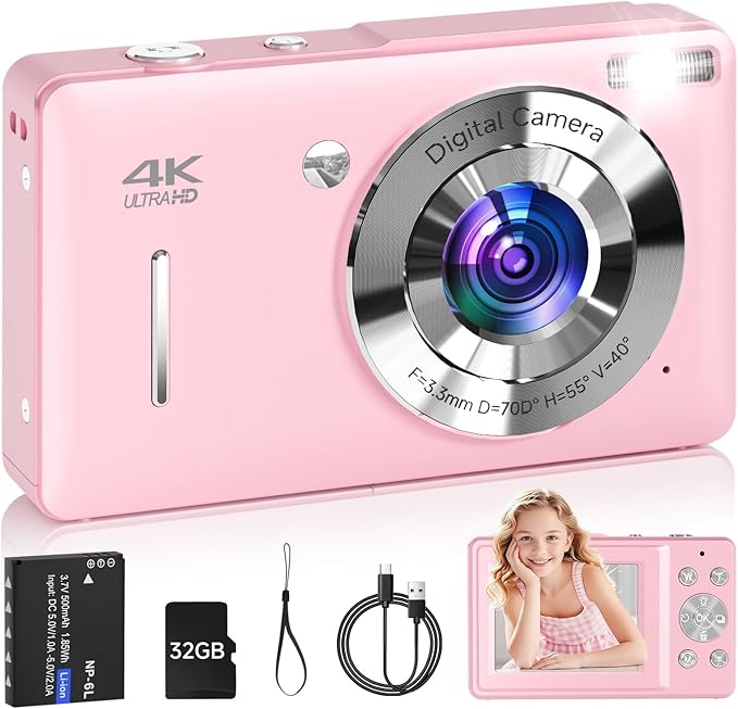 Digital Camera for Kids, FHD 1080P 44MP Point and Shoot Digital Camera with Face Detect, Smile Capture, 16X Zoom, 20 Filters, Anti Shake, Pink Compact Vintage Camera by SMARTKLIK