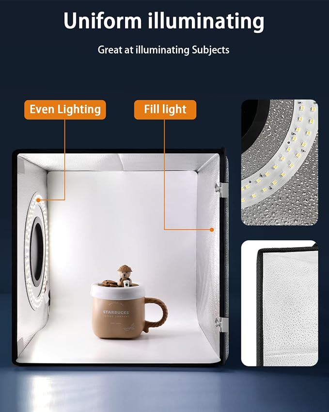 Light Box Photography, 12"x12" Photo Booth Box with 120 LED Lights Dimmable & CRI＞95, Portable Lightbox with 8 Backdrops for Mini Product Photography: Jewelry, Cards, Watches - Image 3