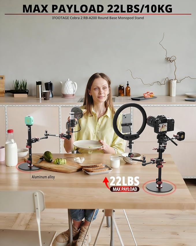 IFOOTAGE Round Base Monopod RB-A200,Small Footprint,Max.payload10KG,Aluminium Alloy Stable Structure, Height 10.6"/27cm~22.05"/56cm,for LED Video Light - Image 3