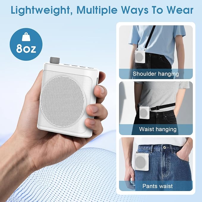 15W Wireless Voice Amplifier with 2 Magnetic Lavalier Mics & Noise Reduction - Bluetooth 5.3 PA System for Teachers, Tour Guide, Yoga - 15H Rechargeable Battery, Waist-Mount Design (White) - Image 2
