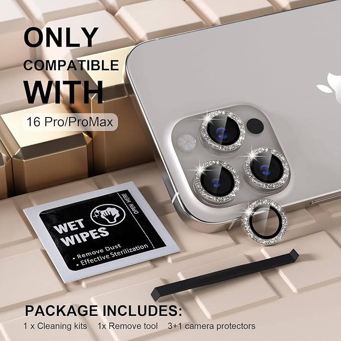 Misea Compatible for iPhone 16 Pro/iPhone 16 Pro Max Camera Lens Protector | 9H Tempered Glass Ultra HD Bling Camera Screen Protector Cover Metal Individual Ring Accessories, Natural Titanium Glitter - Image 2