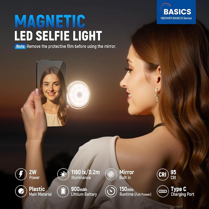NEEWER Basics Magnetic LED Selfie Light Compatible with MagSafe iPhone, Desk Stand Phone Holder with Makeup Mirror 1160lx/0.2m 900mAh CRI95 Fill Lighting for Video Recording Streaming, White NL48R - Image 2