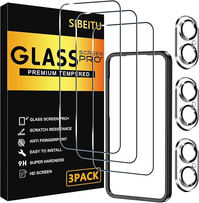 SIBEITU 3+3 Pack Screen Protector for iPhone 17 6.3 Inch Tempered Glass | 3 Pack Screen + 3 Pack Camera Lens Protector with Installation Frame, HD Clear, 9H Hardness, Scratch Resistant, Case Friendly by SIBEITU