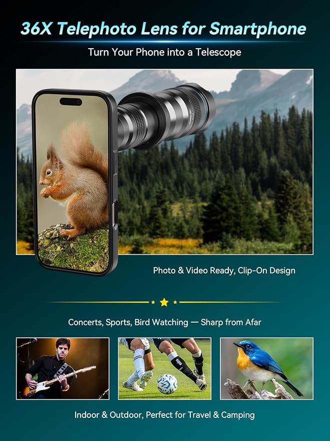 APEXEL 36x Telephoto Lens Compatible with iPhone 16 Pro | Photography for Travel, Birdwatching, Exploration | Kit with Sturdy Metal Tripod and Threaded Phone Case - Image 5