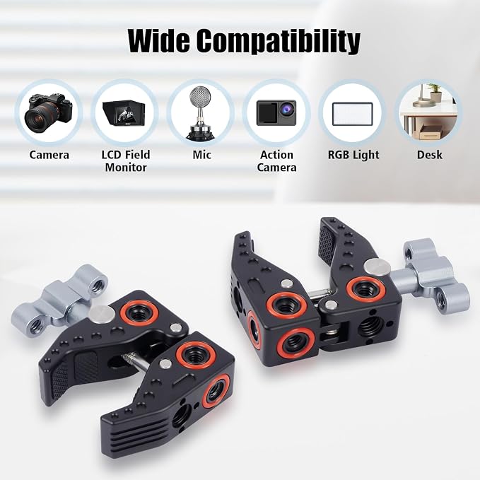 Universal Power Clamp with 1/4"-3/8" Threads & Cold Shoe - Multi-Angle Camera/Desktop Clamp for DSLR, LCD Monitor, Bike Mount (12-45mm Clamping Range) 62023 - Image 4