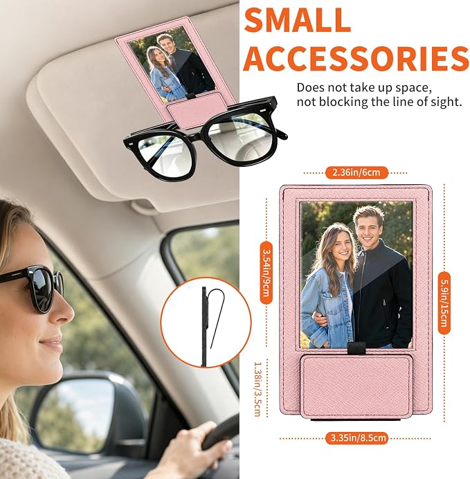 2-in-1 Car Visor Sunglasses & Photo Holder, Magnetic PU Leather Glasses Clip with Picture Display Slot, Universal Sun Visor Organizer for Eyeglasses, Personalized Cards & Memories, Dusty Pink - Image 5