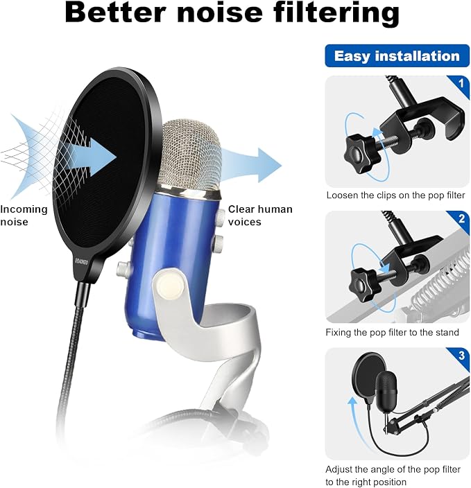 Professional Microphone Pop Filter Mask Shield For Blue Yeti and Any Other Microphone,Mic Dual Layered Wind Pop Screen With Flexible 360° Gooseneck Clip Stabilizing Arm - Image 3