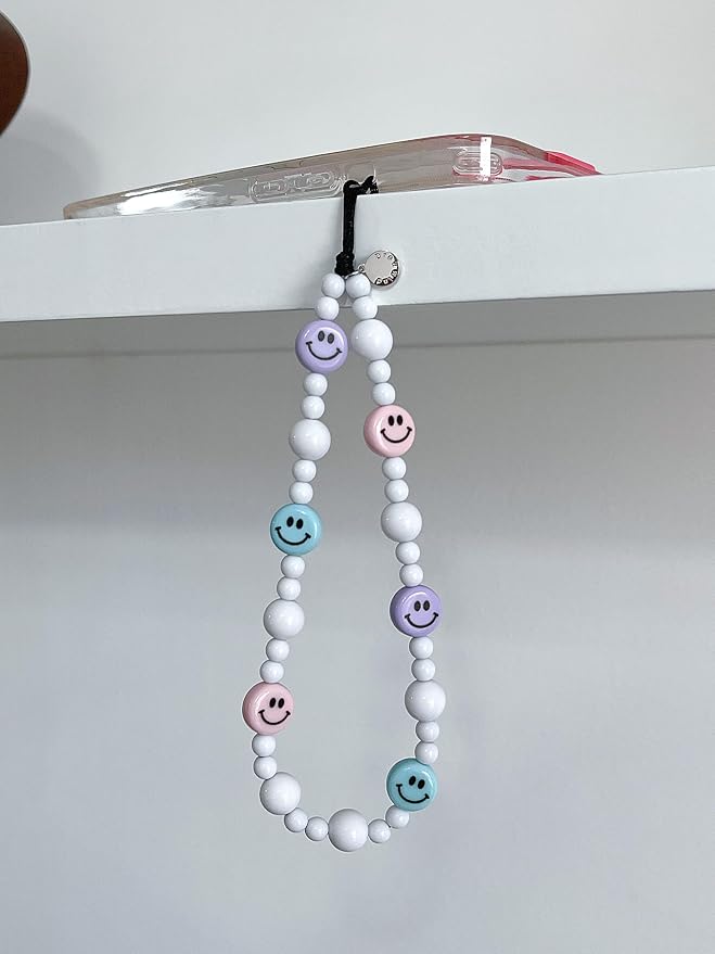 Drawwind Phone Charm Beaded Wristlet Strap Universal Cell Phone Lanyard Cute Bracelet Wrist Strap Beaded Chain String Handmade Accessories for Case Camera Bags (Smiley Face) - Image 2