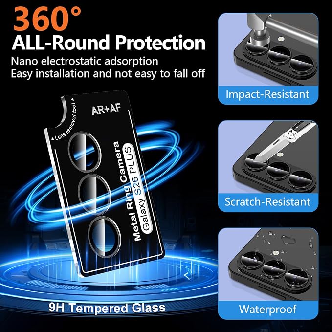for Samsung Galaxy S26 Plus Camera Lens Protector, Individual Metal Ring Tempered Glass Lens Cover, [Strong Adsorption] Scratch Resistant Ultra-Thin HD Clear Lens Cover, 1 Set-Black Ring - Image 2