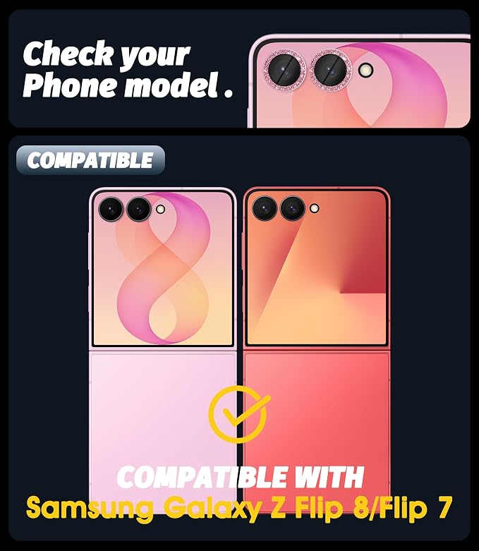Orzero (2 Sets) Camera Lens Protector for Samsung Galaxy Z Flip 8/Flip 7, [EZ Install] [Case-Friendly] 9H Tempered Glass Bling Lens Cover Accessories, Military-Grade Shockproof, HD Clarity Anti-Glare - Glitter Pink - Image 2