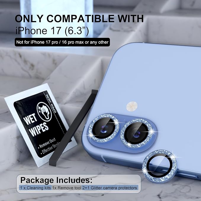 Choiche for iPhone 17 Camera Lens Protector Bling, Glitter-Blue | Ultra HD, 9H Tempered Glass Camera Cover Screen Protector Metal Individual Ring Decoration Accessories, 2-Lens, 6.3-inch - Image 2