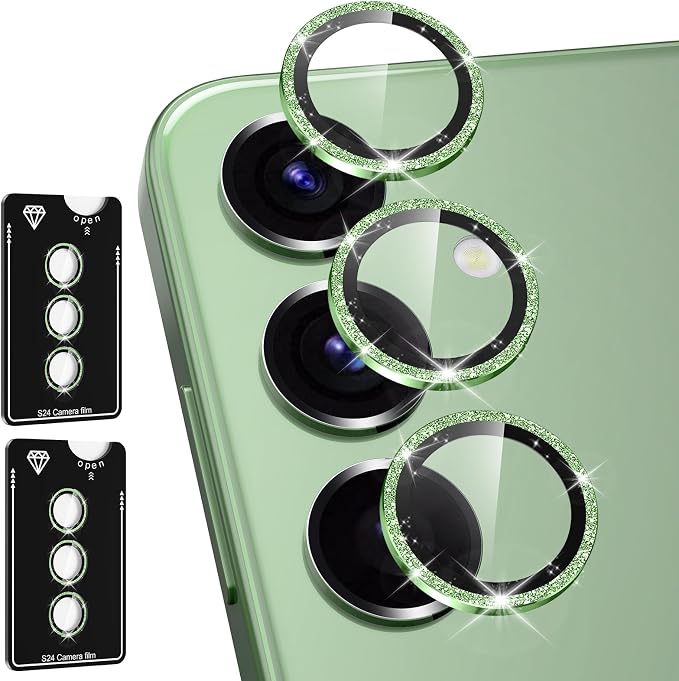 for Samsung Galaxy S24 Camera Lens Protector, Individual Metal Ring Tempered Glass Lens Cover, [Strong Adsorption] Scratch Resistant Ultra-Thin HD Clear Lens Cover, 2 Set-Green Sparkly by Btscase