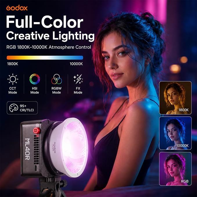 Godox ML40R RGB LED Video Light, Portable COB Photography Light with Built-in Battery, 1800K-10000K Full Color, 14 FX Effects, App Control, Magnetic Mount, ML-L10 Reflector for Vlog Live Streaming - Image 4