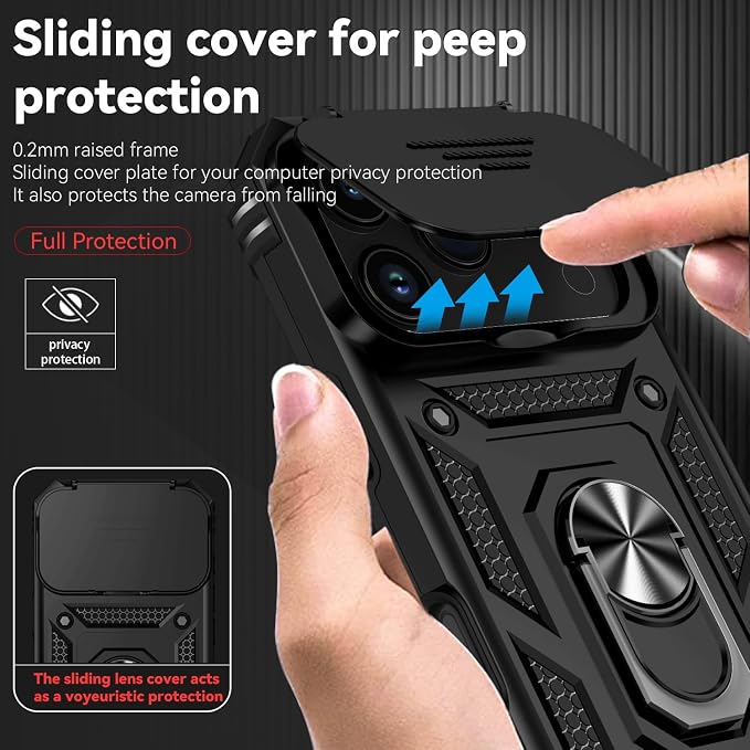 SunStory Phone Case for iPhone 17 Pro Case with HD Screen Protector & Slide Camera Cover & Rotated Ring Kickstand, [Military-Grade] Phone Case for iPhone 17 Pro, Black - Image 3