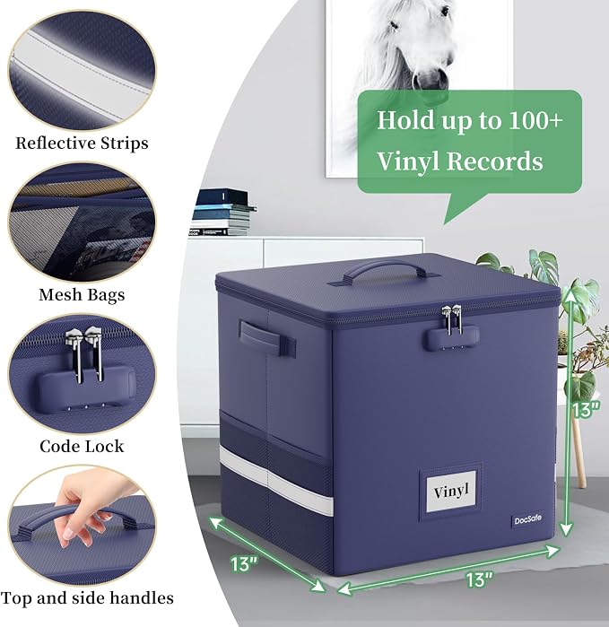 DocSafe Vinyl Record Storage Box with Lock, Fireproof＆Water Resistant Record Organizer for 100+ Single Records(12-inch), Collapsible Storage Crate with Lid&Handles for Valuable Album Collection, Blue - Image 3