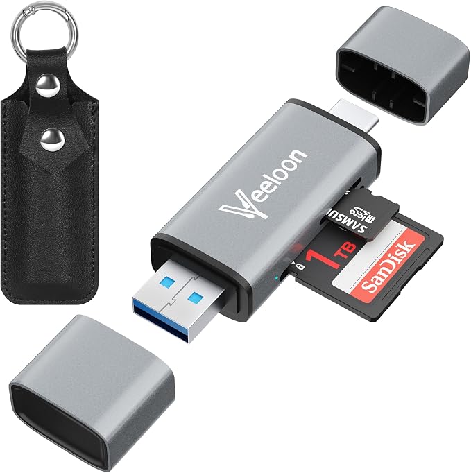 OTG SD Card Reader，Dual Slots USB 3.0 Type C to Micro SD Card Adapter, MicroSD SDHC SDXC Memory Card Viewer with Leather Carrying Case for Camera, iPhone 17 16 15 Pro/Pro Max PC MacBook Laptop by Veeloon