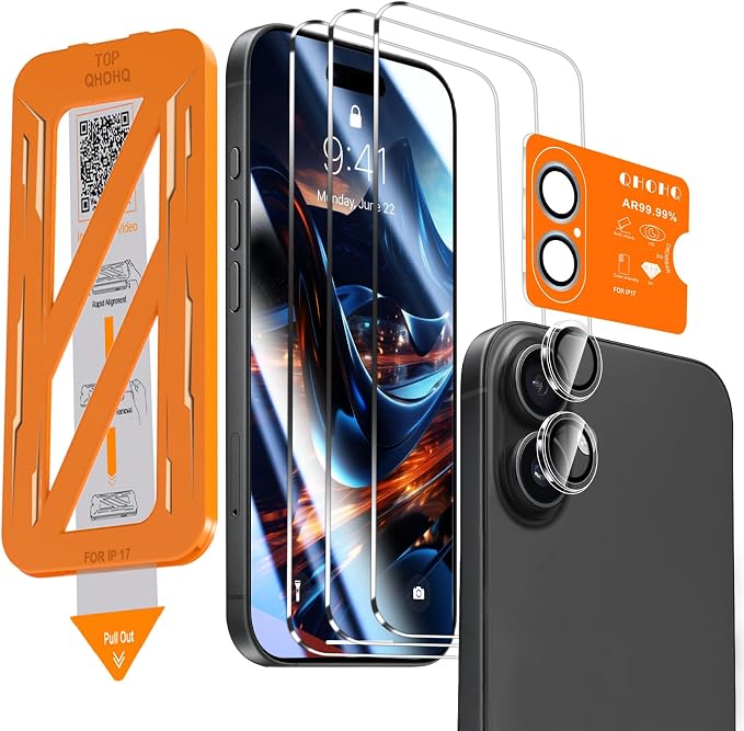 QHOHQ [1-Second Auto-Install] 3 Pack Screen Protector for iPhone 17 + 1 Set Camera Lens Protector, 9H+ Shatterproof Tempered Glass, [12FT Military Grade Protection], Anti-Fingerprint, Case Friendly by QHOHQ
