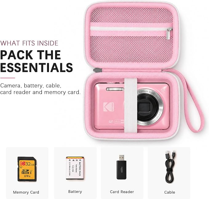 Camera Carrying Case for KODAK PIXPRO FZ55/ FZ45 Digital Camera | Camera Storage Case. Hard Protective Bag With Mesh Pocket Fits Batteries Cable Memory Card Card Reader, Pink - Image 3