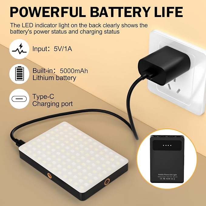 120 LED Selfie Light for iPhone, Portable Phone Light with Clip & Camera Tripod Adapter - 5000mAh Rechargeable, 3 Lighting Modes, CRI 97+ for Video Recording, TikTok, Tripod Mount Rings - Image 6