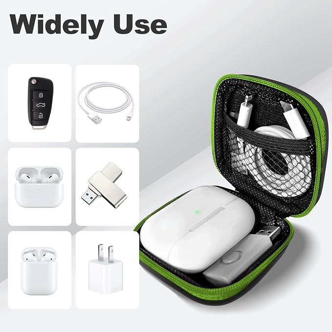 Square Earbud Case Portable EVA Carrying Case Storage Bag Cell Phone Accessories Organizer with Carabiner for Earphone, Earbud, Earpieces, SD Memory Card, Camera Chips, Tech Pouch, Green - Image 3