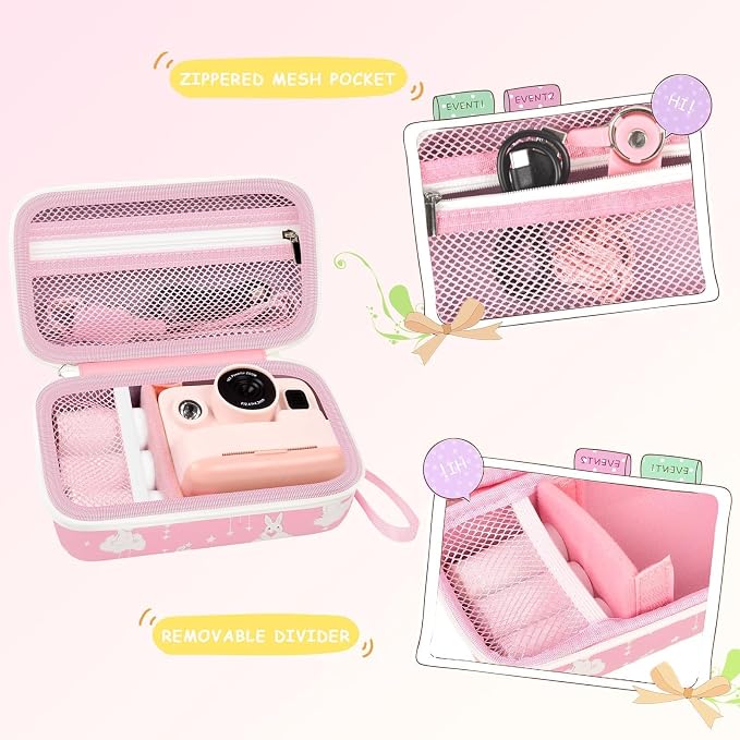 Kids Instant Print Camera Case & 3 Rolls for DYLANTO for ESOXOFFORE | Portable Digital Camera Case for ETIKEZ for YTETCN for DUDUDRAGON with Pocket for Accessories (Box Only)-Pink Rabbit - Image 3