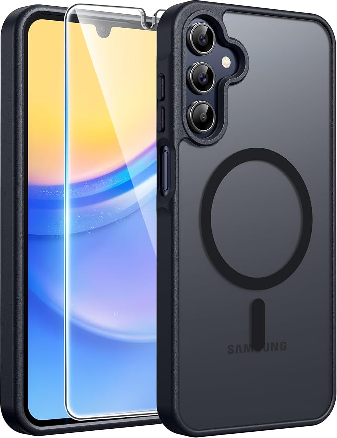 FNTCASE for Galaxy A15 5G Phone Case, Screen Protector, Black | Translucent Matte Magnetic Back, 14FT Military Grade Drop Protection, Shockproof Protective, for Samsung A 15 Cover by FNTCASE