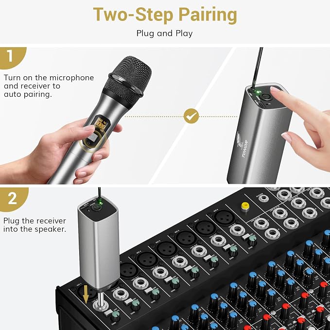 TONOR Wireless Microphone, 15 Channel UHF Metal Cordless Handheld Mic System with Rechargeable Receiver, for Karaoke, Singing, Party, Wedding, DJ, Speech, 200ft, TW620 Silver, 1Mic - Image 4