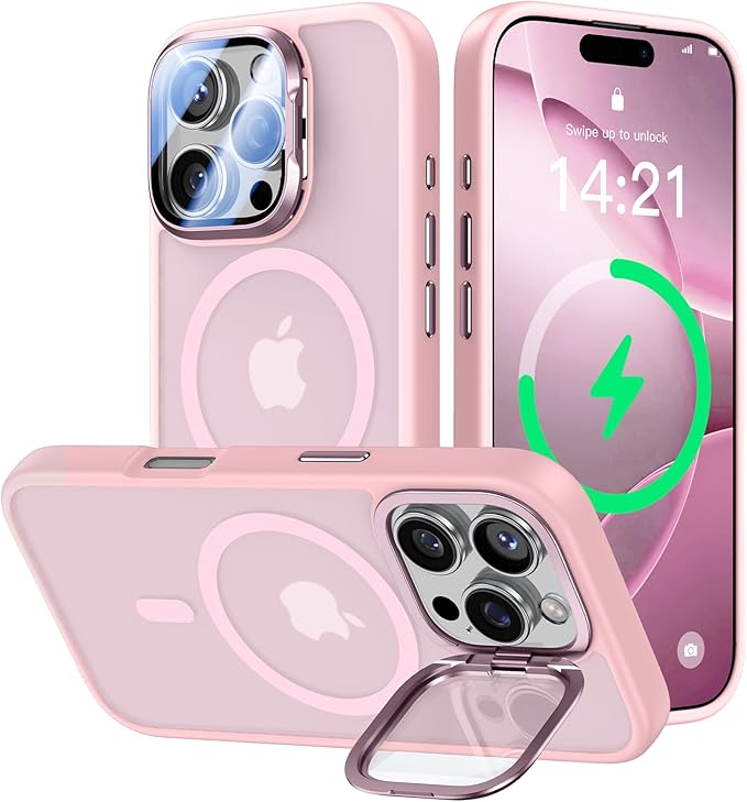 VOFATA [Upgraded] for iPhone 16 Pro Max Case with Camera Cover Stand [Fit for MagSafe][9H Camera Lens Protector] Mil-Grade Protection Translucent Magnetic iPhone 16 Pro Max Phone Case, Pink by VOFATA