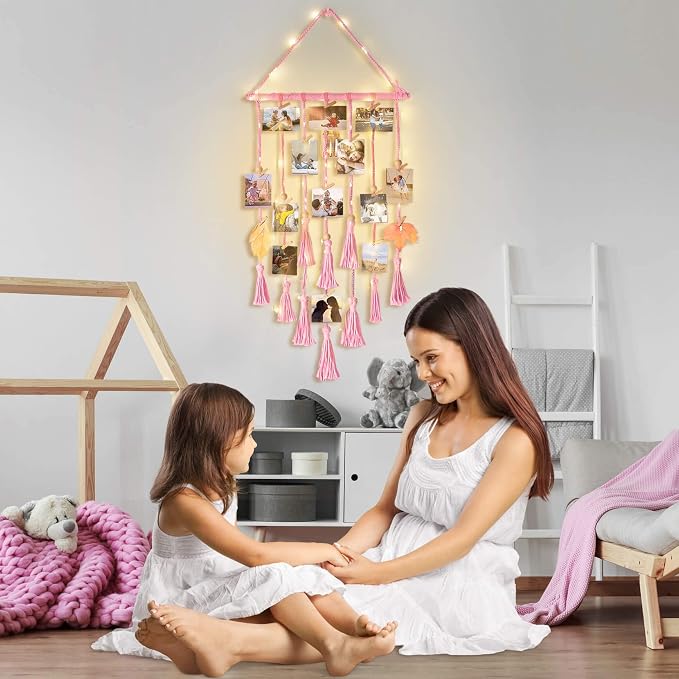 Hanging Photo Display Wall Decor, Pink Macrame Wall Hanging Boho Room Bedroom Decor, Picture Frame Collage with Remote Light & 30 Clips, Christmas Teenage Teen Girl Gifts Ages 10 11 12 13 14 Years Old - Image 7