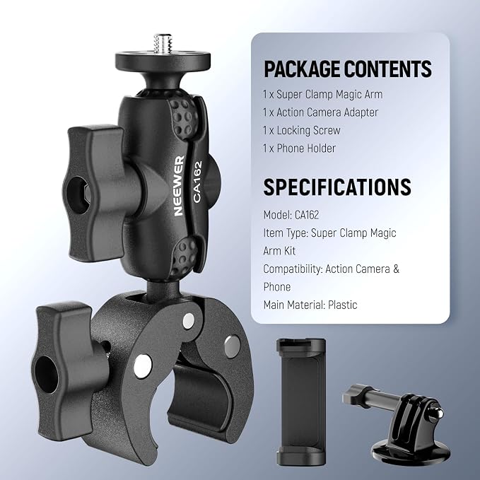 NEEWER Super Clamp Action Camera & Phone Mount with Dual Ball Heads, CA162 | Bike/Bicycle/Motorcycle Handlebar Holder, Compatible with iPhone Insta360 DJI Osmo Action GoPro Hero, for POV Video Recording - Image 8